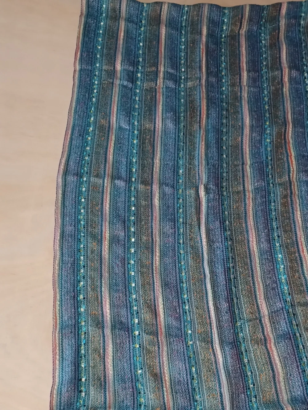 Boho Striped Fringe Scarf Shawl Wrap 72×20 Textured Open Knit Blue Pink Sparkle